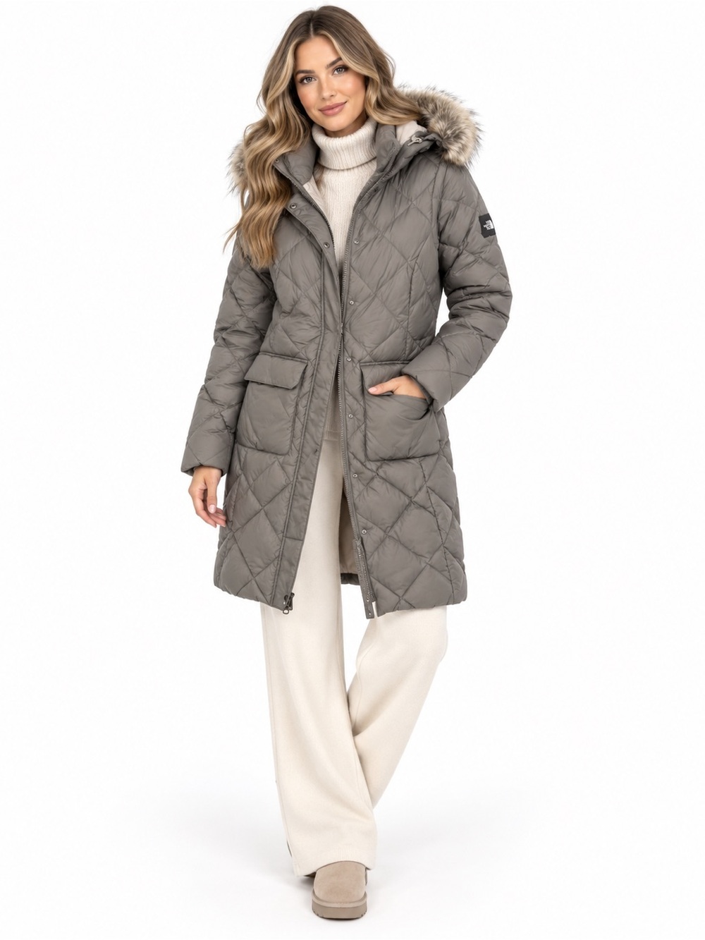 The North Face Womenβs Small Gray Down Long Puffer Parka Faux Fur Hood RDS